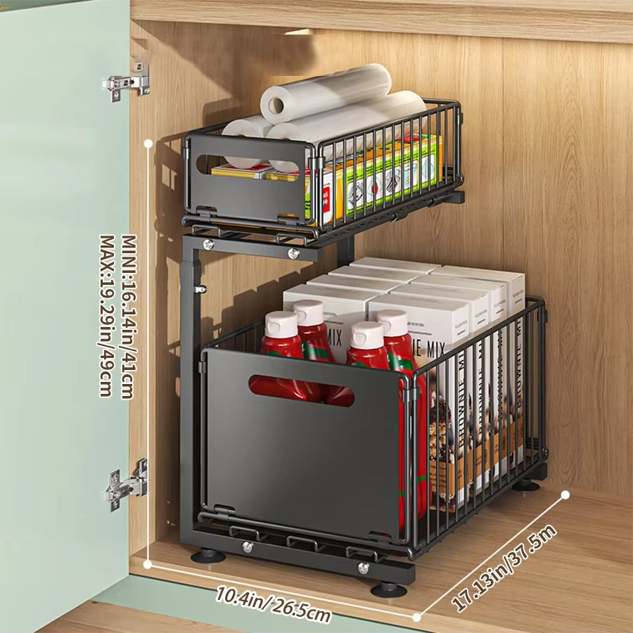 Pull-Out Under Sink Organizer – 2-Tier Adjustable Sliding Shelf for Kitchen & Bathroom Cabinets