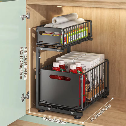 Pull-Out Under Sink Organizer – 2-Tier Adjustable Sliding Shelf for Kitchen & Bathroom Cabinets