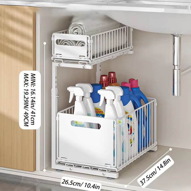 Pull-Out Under Sink Organizer – 2-Tier Adjustable Sliding Shelf for Kitchen & Bathroom Cabinets