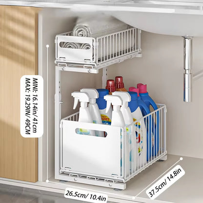 Pull-Out Under Sink Organizer – 2-Tier Adjustable Sliding Shelf for Kitchen & Bathroom Cabinets