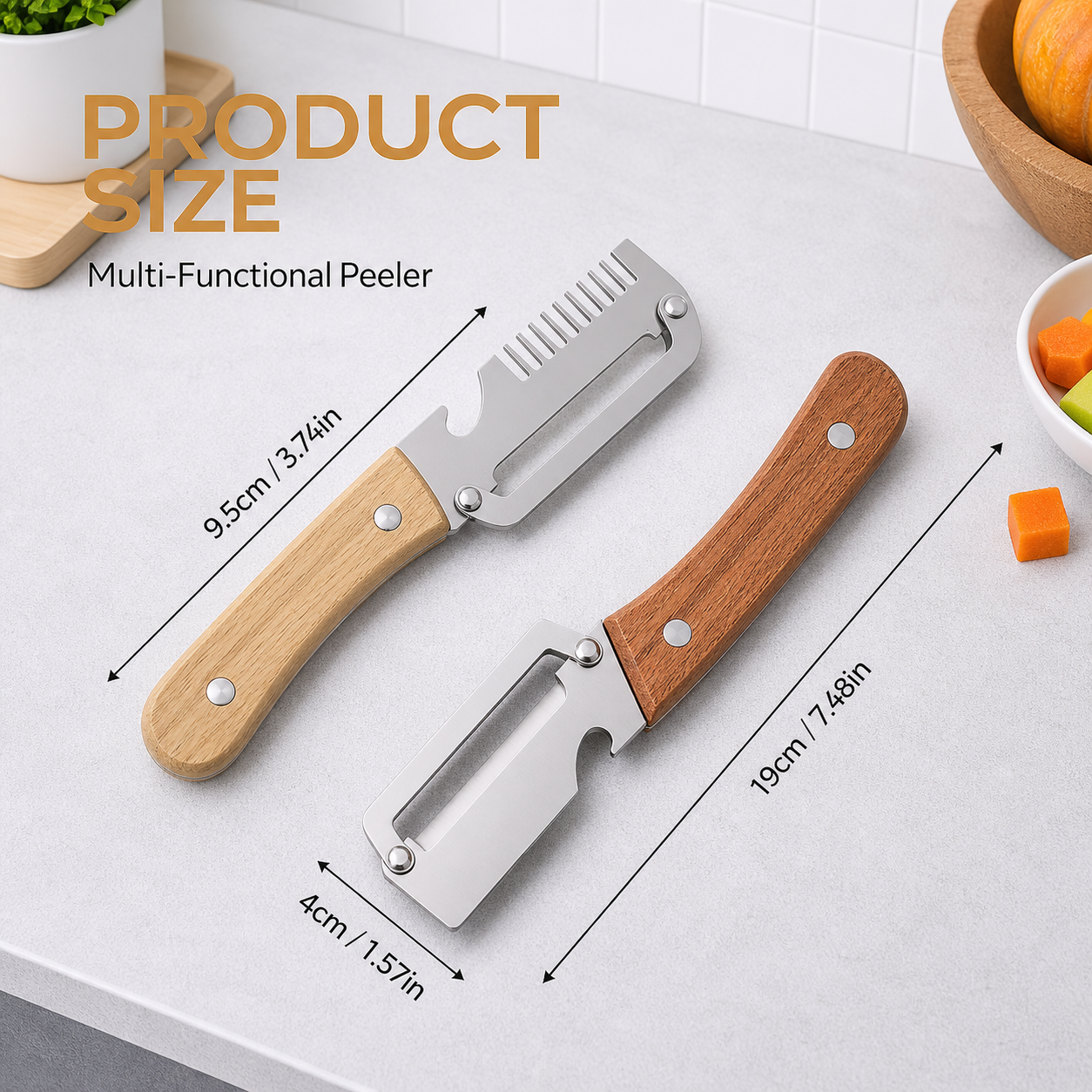 2PCS Ultra-Sharp Vegetable Peeler – Stainless Steel Blade, Wooden Handle & Bottle Opener | Easy Fruit & Veg Peeling