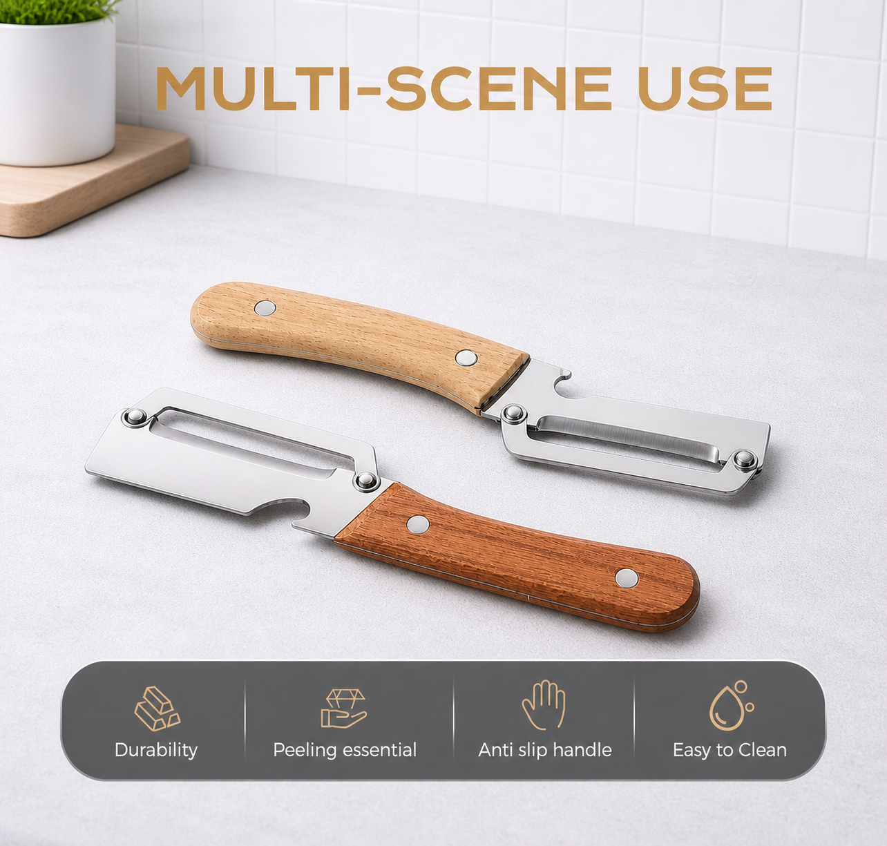 2PCS Ultra-Sharp Vegetable Peeler – Stainless Steel Blade, Wooden Handle & Bottle Opener | Easy Fruit & Veg Peeling